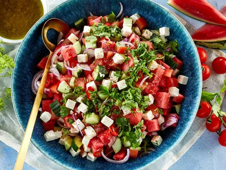 Watermelon salad with cheese
