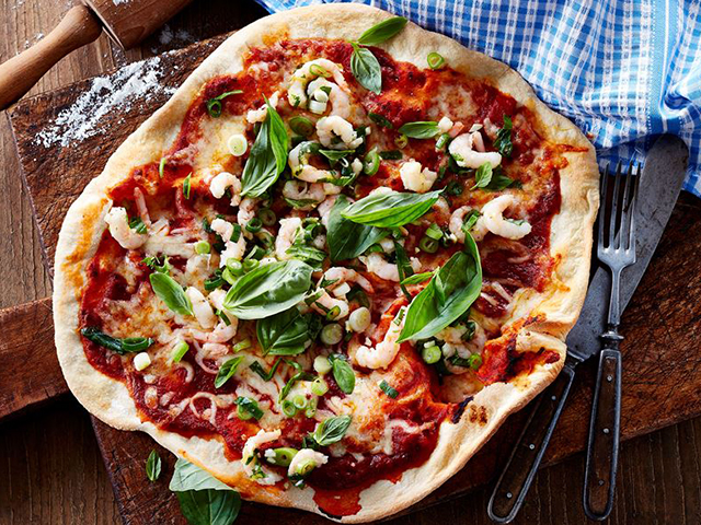 BBQ pizza with garlic marinated prawns