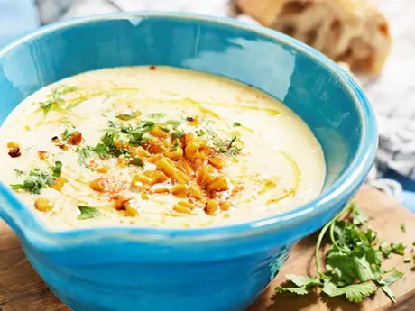 Roasted sweetcorn soup with ginger and coriander