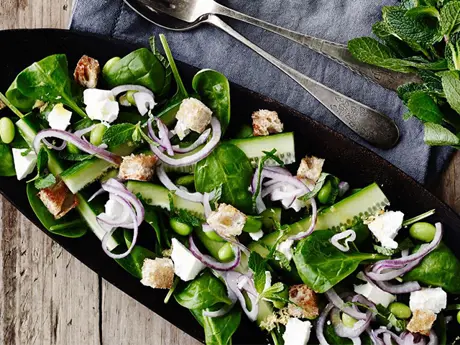 Fresh spinach salad with mint and cheese
