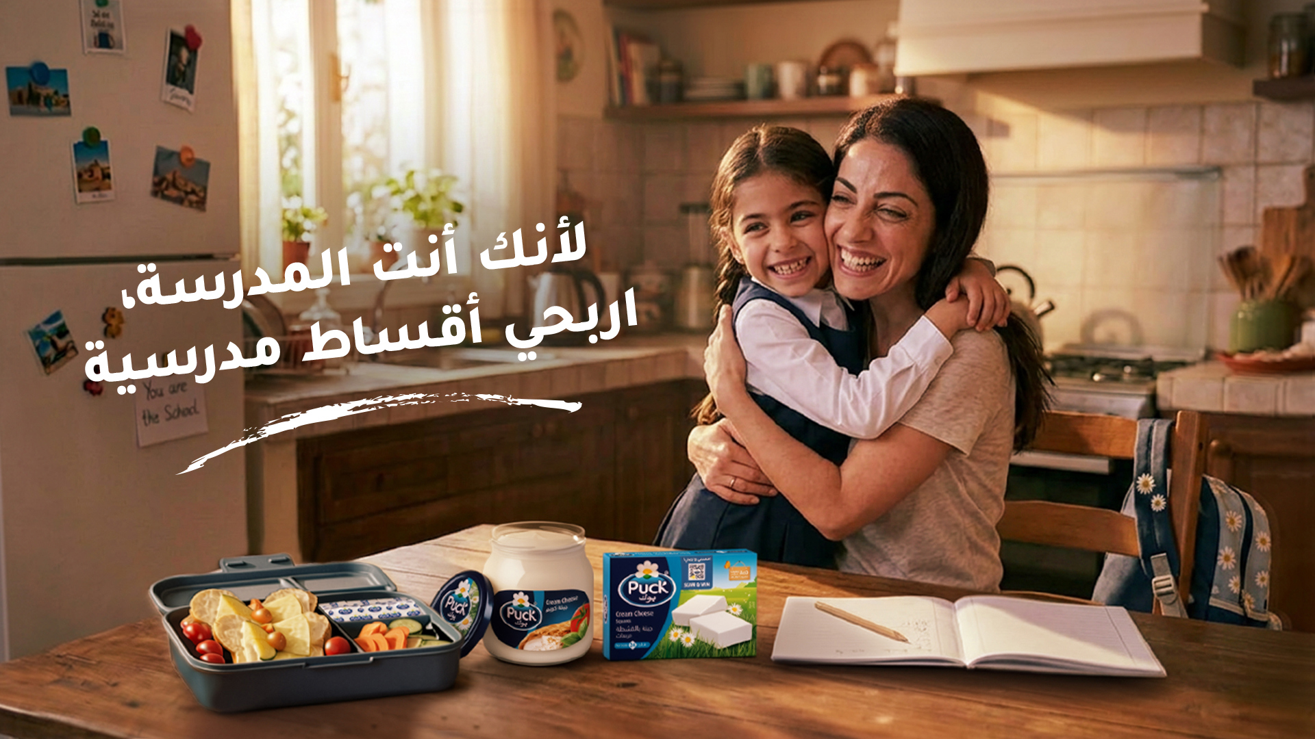 أم تحتضن ابنتها وبجانبهما اللانش بوكس المدرسي