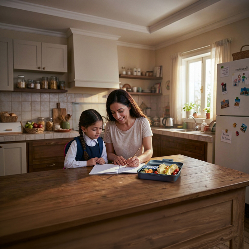 Mom teaching her daughter at home before school, with a packed lunchbox beside them.