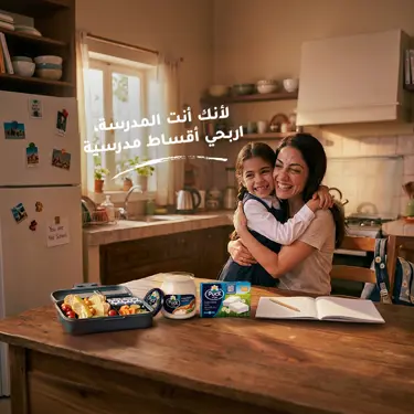 أم تحتضن ابنتها وبجانبهما اللانش بوكس المدرسي 
