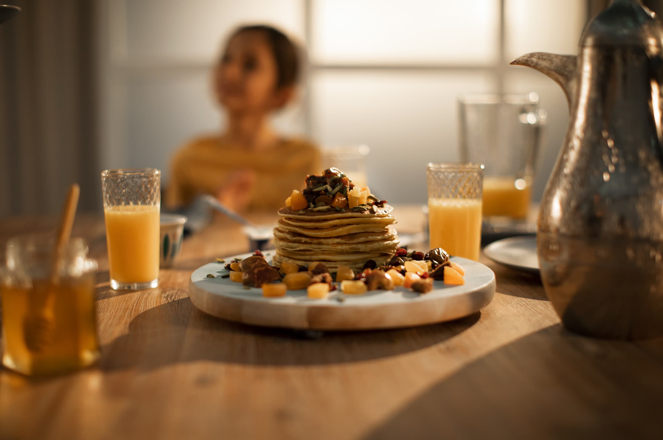 Saffron & Rosewater Pancakes with Dried Fruits and Natural Cream Cheese