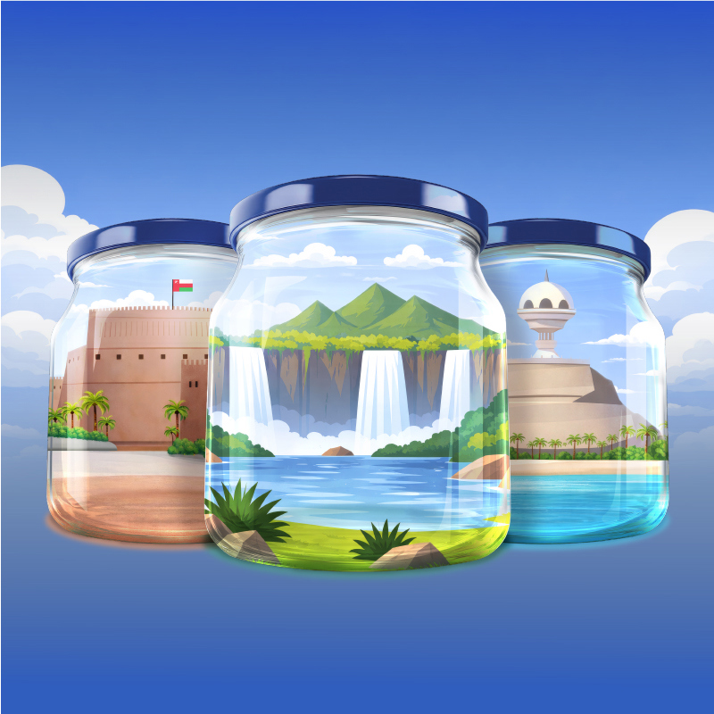 Three illustrated jars featuring Omani landmarks: Nizwa Fort, Wadi Darbat, and the Muttrah Incense Burner.